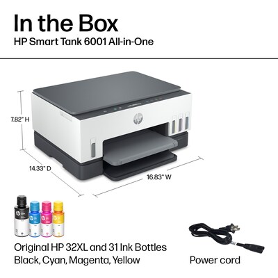 HP Smart Tank 6001 Wireless Color Inkjet Printer, All-In-One Supertank, Print, Scan, Copy (2H0B9A#B1H)