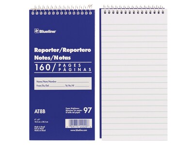 Blueline Reporter Notepad, 4" x 8", Ruled, Blue, 80 Sheets/Pad (AT8B)