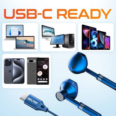 Delton 18EC USB-C Earbuds with Microphone, Blue (DWH18ECBL)