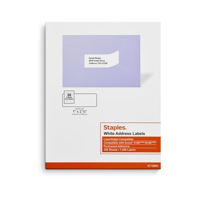 Staples® Laser/Inkjet Address Labels, 1 x 2 5/8, White, 30 Labels/Sheet, 250 Sheets/Pack, 7500 Lab