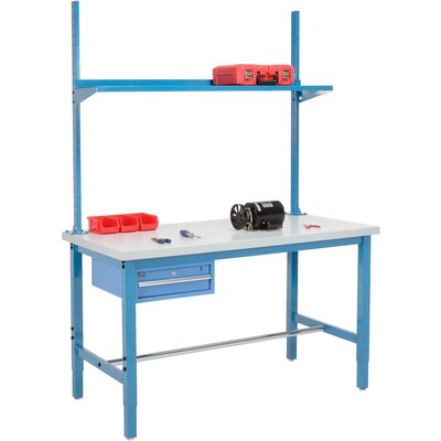 Global Industrial 96x36 Production Workbench ESD Square Edge  - Drawer, Upright & Shelf - Blue (319003)