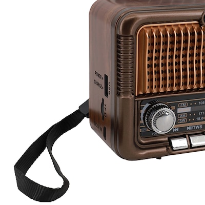 QFX True Wireless Retro-Style Portable Bluetooth AM/FM/Shortwave Radio with Solar Panel, Brown (R-50)