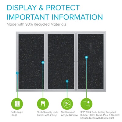 Ghent 3' H x 6' W Enclosed Recycled Rubber Bulletin Board with Satin Frame, 3 Door, Confetti (PA33672TR-CF)
