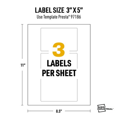Avery Laser UltraDuty GHS Labels 3" x 5", White, 3 Labels/Sheet, 25 Sheets/Pack (97186)