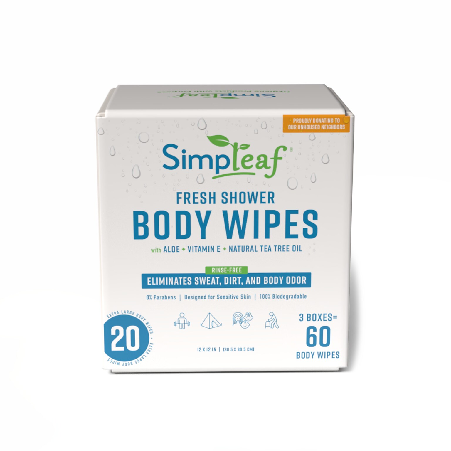 Simpleaf Fresh Shower Body Flushable Wipes, 12 x 12, 20 Single Wipes/Box, 3 Boxes/Carton (S-008-60count)