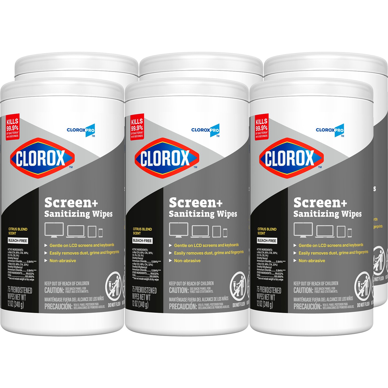 CloroxPro Clorox Screen+ Sanitizing Wipes, Bleach Free, Citrus Blend Scent, 75 Wipes/Container, 6/Carton (60724CT)