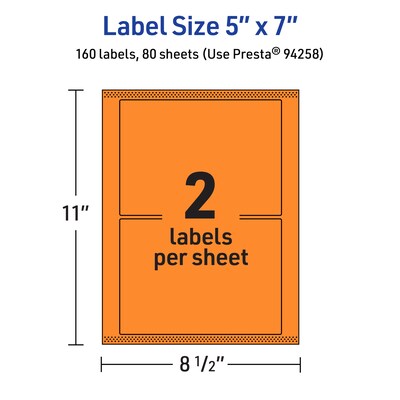 Avery Laser/Inkjet Multipurpose Rectangle Labels, 5" x 7", Bright Orange, 160/Box (94258)