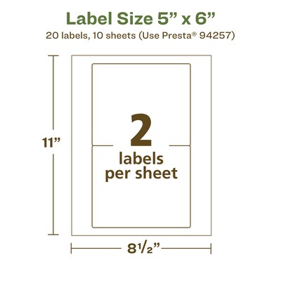 Avery EcoFriendly Laser/Inkjet Rectangle Multipurpose Labels, 5" x 6", White, 20/Pack (94257)