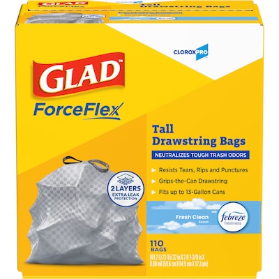 CloroxPro Glad 13 Gallon Drawstring Kitchen Trash Bag, Fresh Clean Scent, Gray, 110 Total Bags (22656)