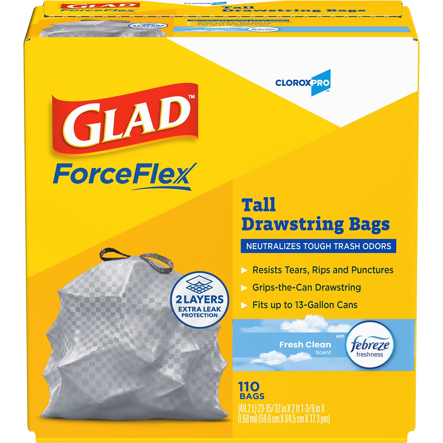 CloroxPro Glad 13 Gallon Drawstring Kitchen Trash Bag, Fresh Clean Scent, Gray, 110 Total Bags (22656)