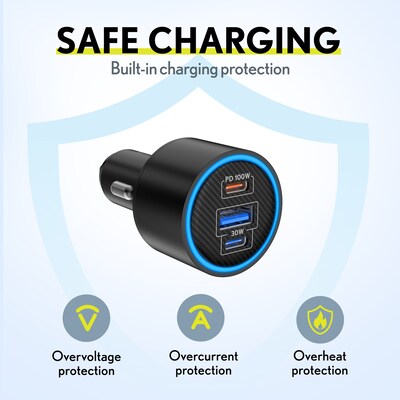 Overtime A60/C82 130W 3-Port Car Charger and 6 ft. 100W USB-C to USB-C Charging Cable Bundle, Black (OCA60BKBD1)