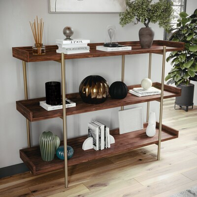 Martha Stewart Emmett 36" 3-Shelf Bookcase, Walnut, Engineered Wood/Polished Brass Metal (JN2542B3BRGLD)