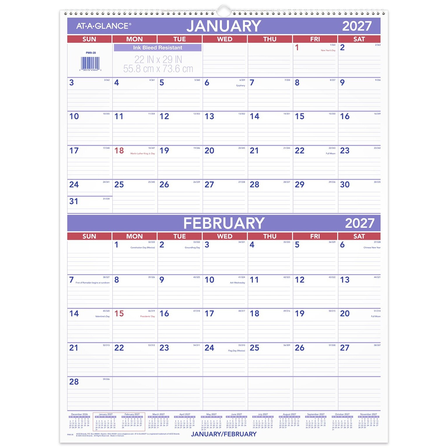 2027 AT-A-GLANCE 22 x 29 Two-Month Wall Calendar, White/Purple (PM9-28-27)