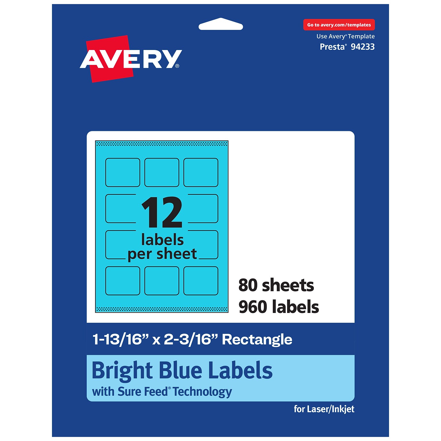 Avery Rectangle Multipurpose Labels, 1-13/16 x 2-3/16, Bright Blue, 960/Box (94233)
