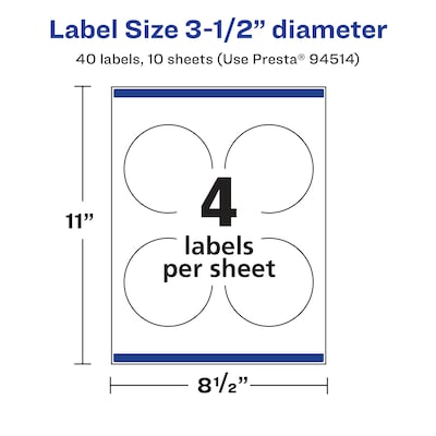 Avery Laser/Inkjet Round Multipurpose Labels, 3.5" Dia., Clear, 40 Labels/Pack (94514)