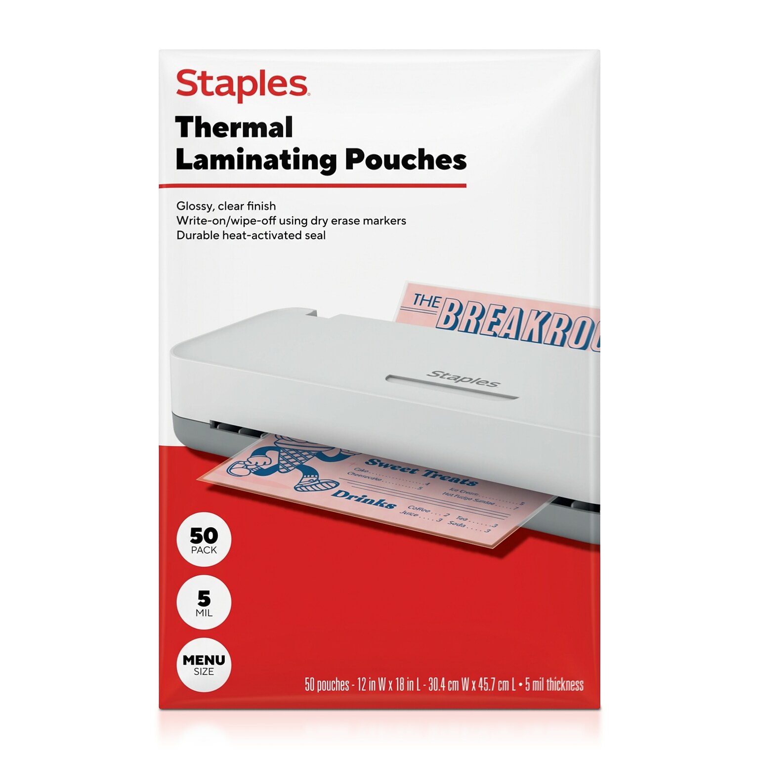 Staples Thermal Laminating Pouches, Menu Size, 5 Mil, 50/Pack (ST63664-CC)