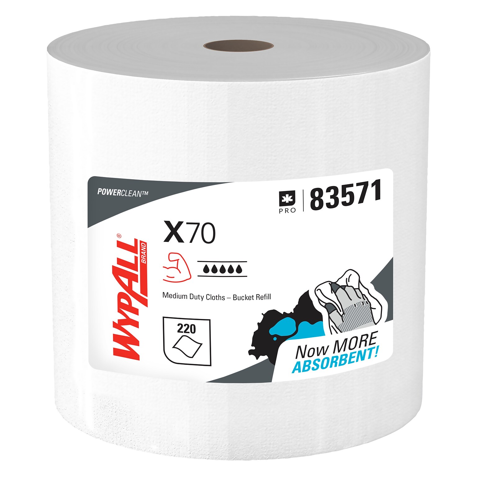 WypAll PowerClean X70 Cloths, 9.75 x 13, White, 220 Sheets/Roll, 3 Rolls/Carton (83571)