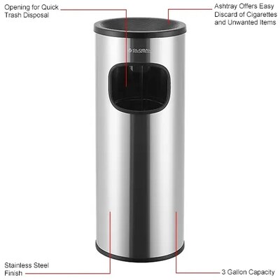 Global Industrial Stainless Steel Ashtray Trash Can, 3 Gallon, Matte (615153)