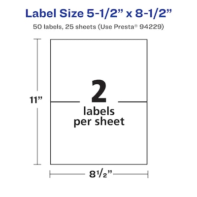 Avery Laser/Inkjet Rectangle Waterproof Multipurpose Labels, 8.5"  x 5.5", White, 50/Pack (94229)