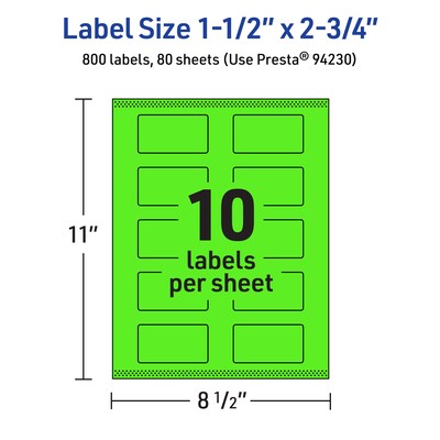Avery Laser/Inkjet Multipurpose Rectangle Labels, 1.5" x 2.75", Neon Green, 800/Box (94230)