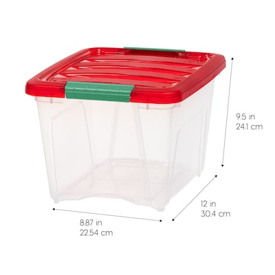 Iris Holiday Small Stackable Plastic Storage Box, 9.5" x 12" x 15", 19 Qt., Clear/Red, 4/Pack (500533)