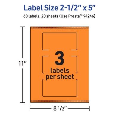 Avery Rectangle Multipurpose Labels, 2.5" x 5", Bright Orange, 60/Pack (94246)