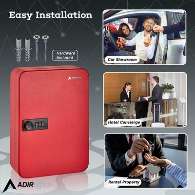AdirOffice 48-Key Cabinet with Combination Lock and Key Tags, Red (682-48-RED-689-PKG)