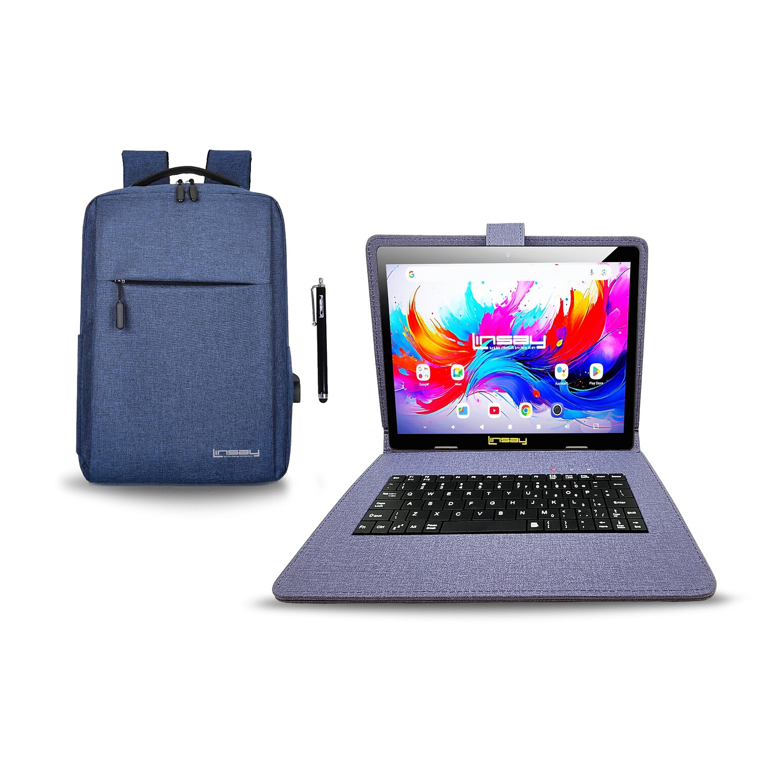 Linsay F10 Series 10.1 Tablet, Wi-Fi, Octa Core, 256GB eMMC, Android 15, with Blue Cloth Keyboard Case, Backpack, & Stylus Pen