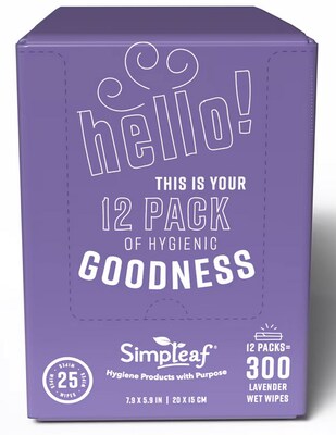 Simpleaf Lavender Scented Flushable Wipes, 25 Single Wipes/Pack, 12 Packs/Box (S-003-12pack)