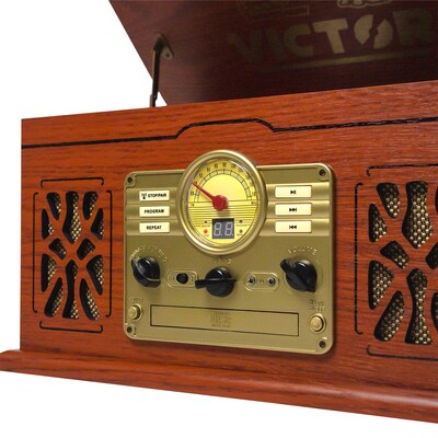 Victor State 7-in-1 Turntable Music Center w/ 3-Speed Record Player, CD/MP3/Cassette, FM, Dual Bluetooth In/Out, Mahogany