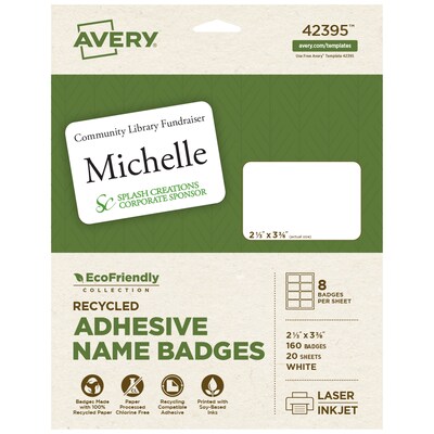 Avery EcoFriendly Stick On Sticker Name Tags/Labels, White, 20 Sheets/Pack, 160 Labels/Pack (42395)