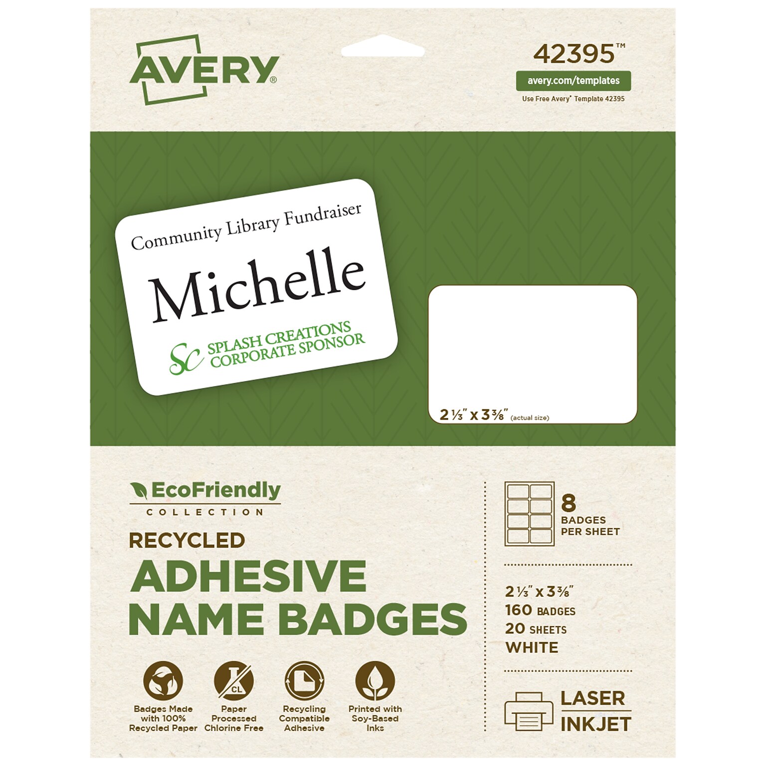 Avery EcoFriendly Stick On Sticker Name Tags/Labels, White, 20 Sheets/Pack, 160 Labels/Pack (42395)