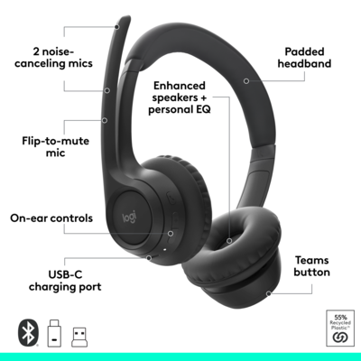 Logitech ZONE 305 For Business Bluetooth Stereo Headset, USB-C/A, MT Certified (981-001450)