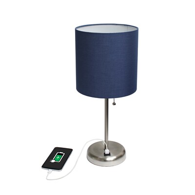 Creekwood Home Oslo Duo 19.5" LED Table Lamp with USB Port, Brushed Steel/Navy Blue Shade, 2/Set (CWT-2012-NV-2PK)