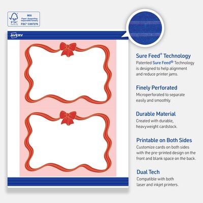 Avery Gold-Pink Bow General Use Blank Cards, White, 20/Pack (S00-FFK)