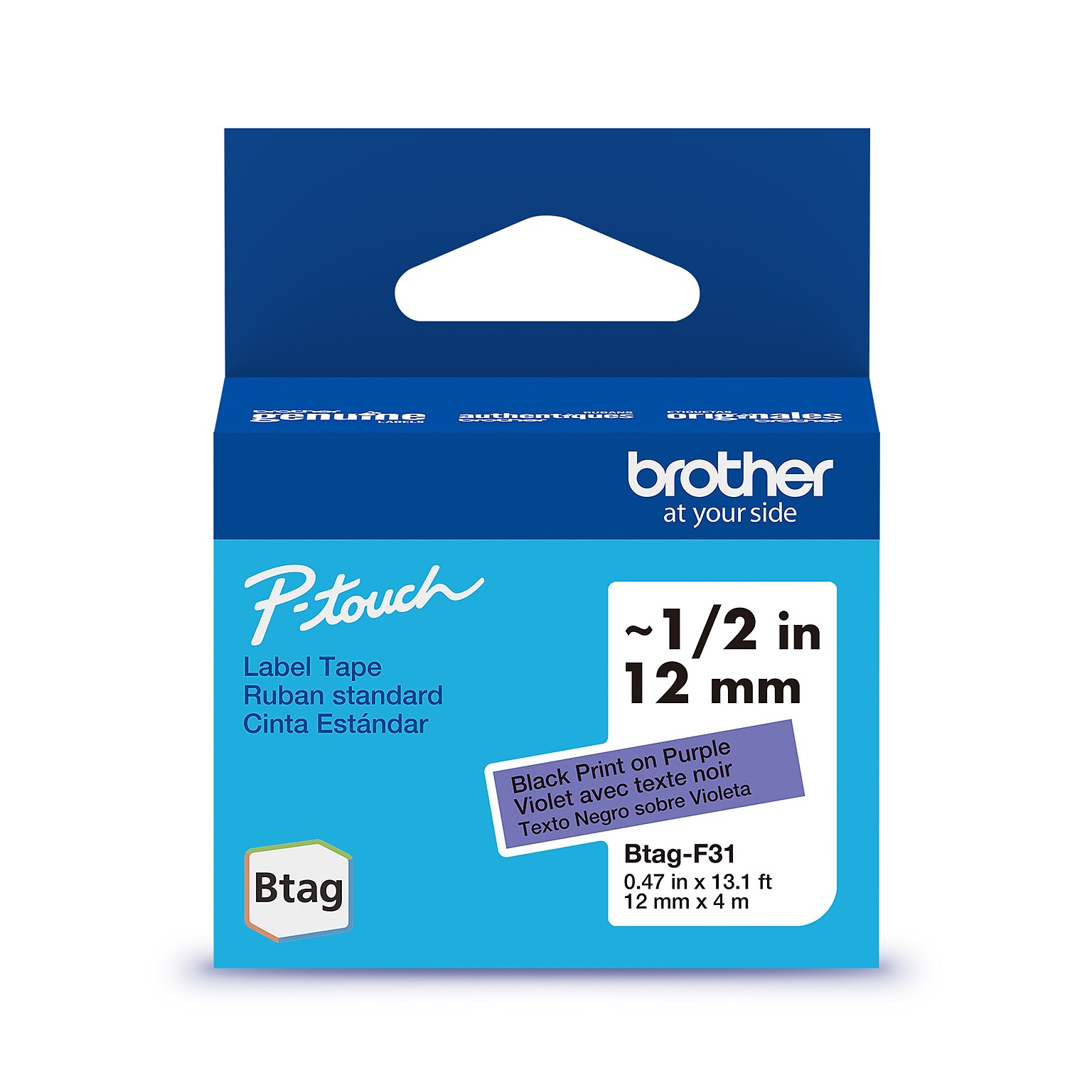 Brother P-touch Btag Label Tape, 1/2 x 13.1 (12mm x 4m), Black on Purple (BTAGF31)
