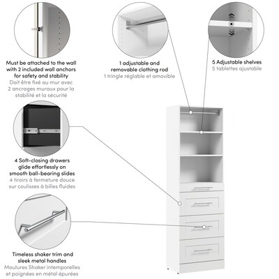 Bestar Florence Closet System, 5 Shelves, 4 Drawers, 25"W x 16"D, White (127601-000017)