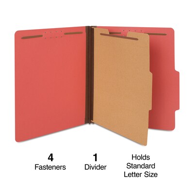 Quill Brand® 2/5-Cut Tab Pressboard Classification File Folders, 1-Partition, 4-Fasteners, Letter, Red, 15/Box (746030)