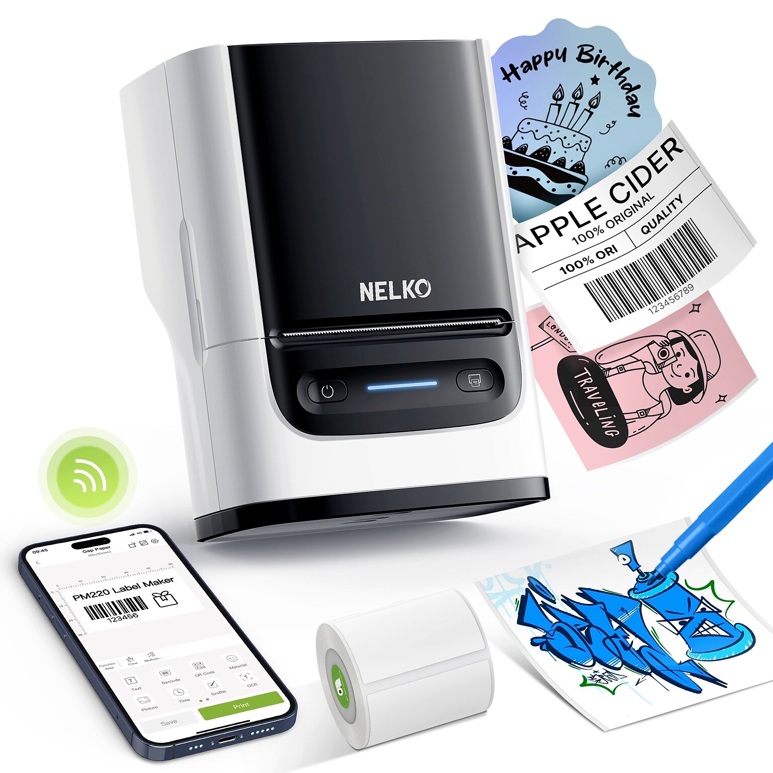 Nelko PM220 Portable Bluetooth Thermal Label Printer, White (P220WH-4030W-1R)