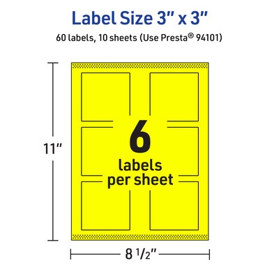 Avery Laser/Inkjet Square Multipurpose Labels, 3" x 3", Neon Yellow, 60/Pack (94101)