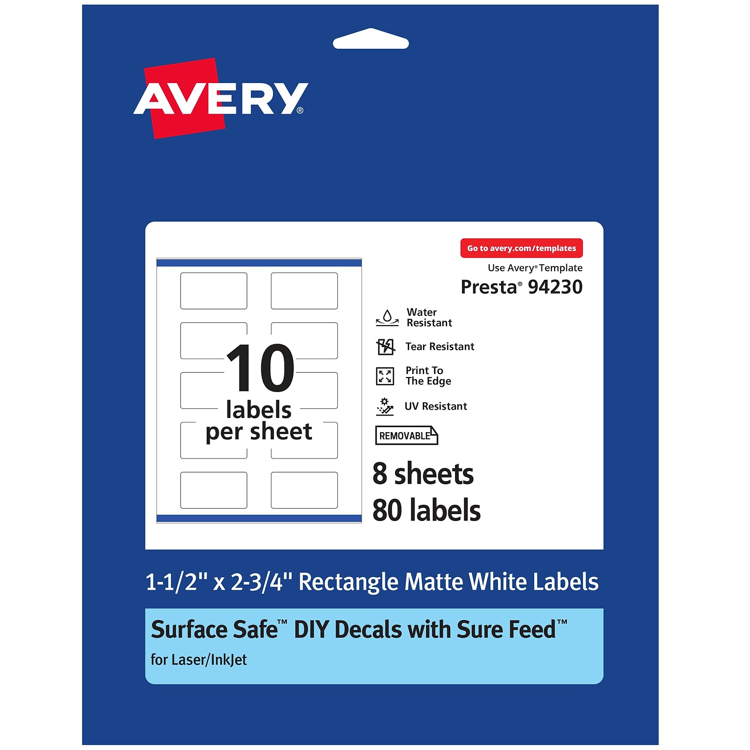 Avery Laser/Inkjet Rectangle Multipurpose Labels, 1.5 x 2.75, Matte White, 80 Labels/Pack (94230)