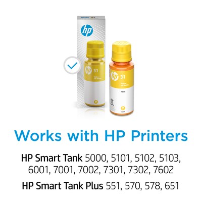 HP 31 Yellow Standard Yield Ink Tank Bottle, Prints Up to 8,000 Pages (1VU28AN)