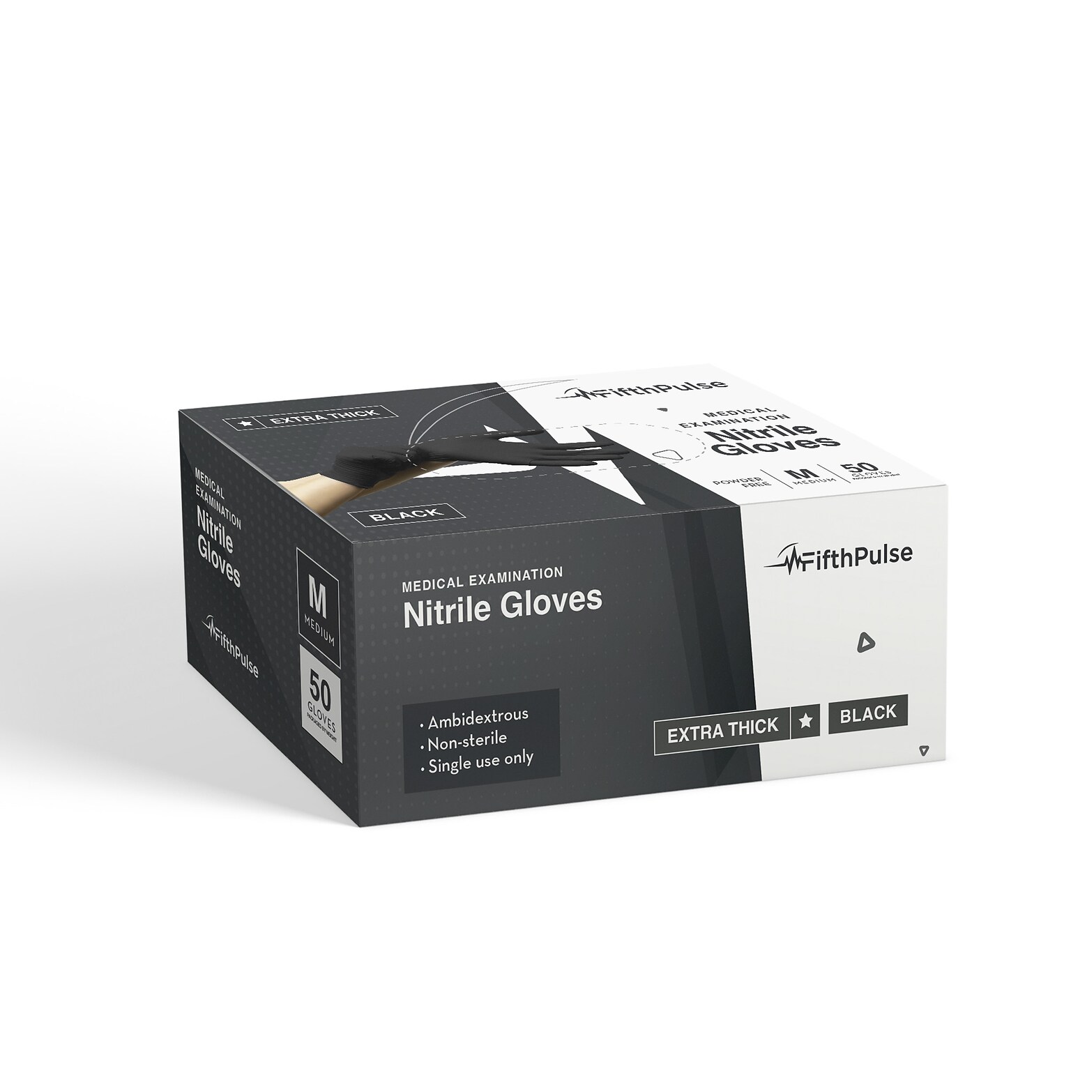 Fifth Pulse Thicker Nitrile Exam Latex Free & Powder Free Gloves, Medium, Black, 50 Gloves/Box (FMN100430)