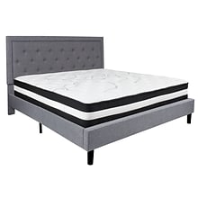 Flash Furniture Roxbury Tufted Upholstered Platform Bed in Light Gray Fabric with Pocket Spring Matt