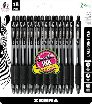 Zebra Z-Grip Retractable Ballpoint Pen, Medium Point, 1.0mm, Black Ink, 18 Pack (ZEB22218)