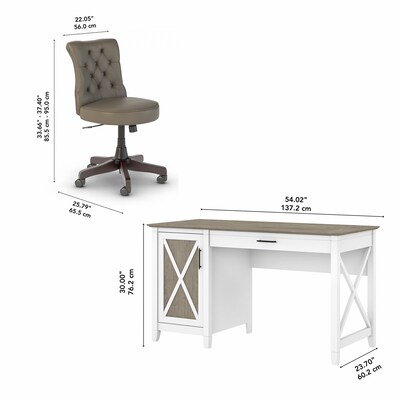 Bush Furniture Key West 54"W Computer Desk with Storage and Mid-Back Tufted Office Chair, Shiplap Gray/Pure White (KWS020G2W)