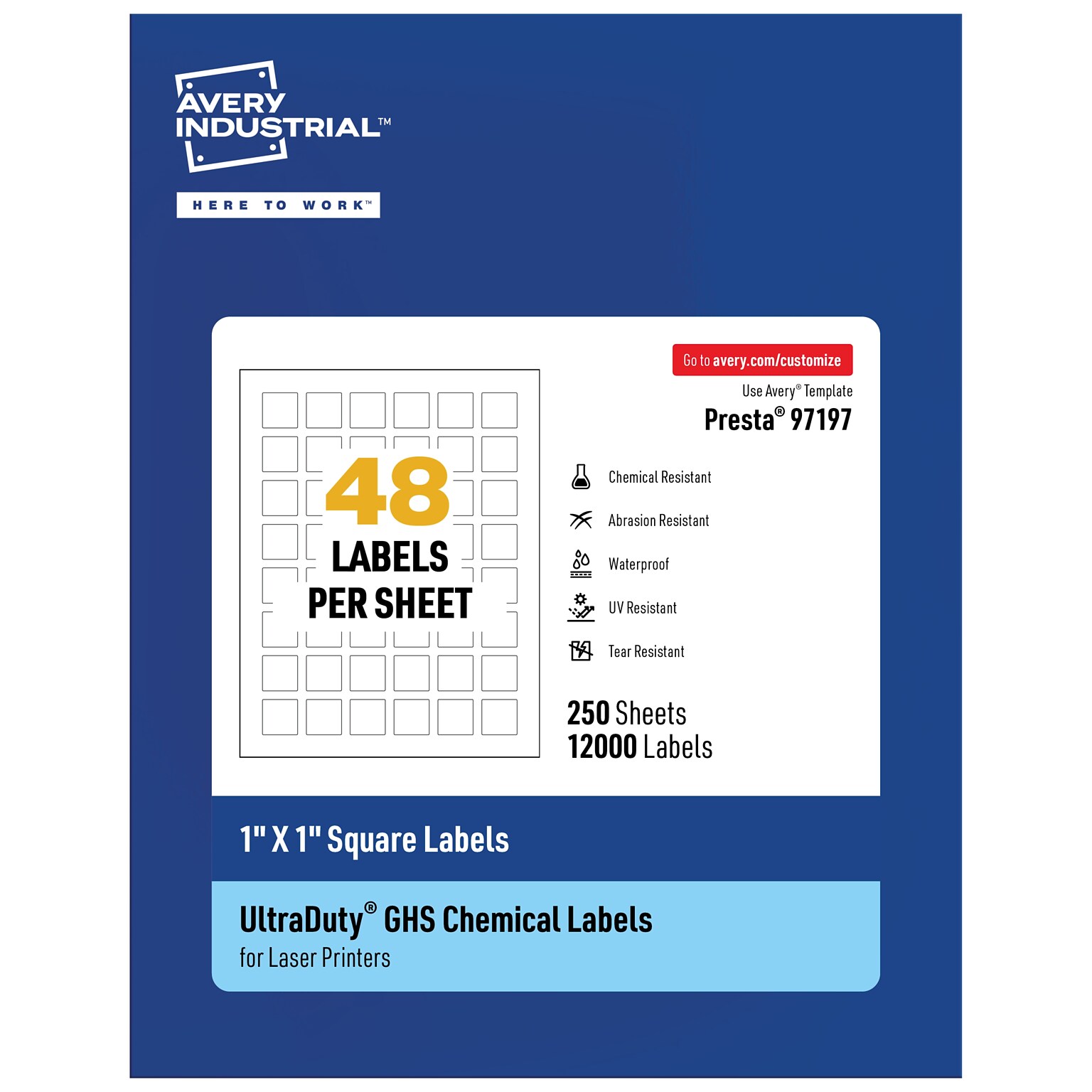 Avery UltraDuty Laser Square Multipurpose Labels, 1 x 1, White, 12000 Labels/Box ( 97197)