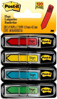 Post-it Sign Here Message Flags, .5 Wide, Assorted Colors, 120 Flags/Pack (684-SH)