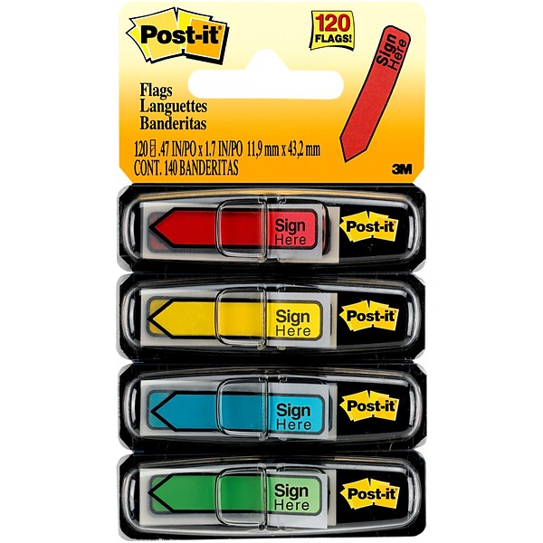 Post-it® Sign Here Message Flags, .5 Wide, Assorted Colors, 120 Flags/Pack (684-SH)