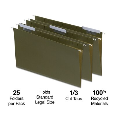 Quill Brand® 100% Recycled 3-Tab Hanging File Folders, Legal Size, Green, 25/Box (7Q5213)